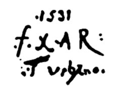 Marchio ceramica manifattura sconosciuta, Francesco Xanto Avelli da Rovigo (ca.1487-1542, firma "Fr. Xanto Avelli A Rovigo, I(n) Urbino, 1531"), Urbino, XVI