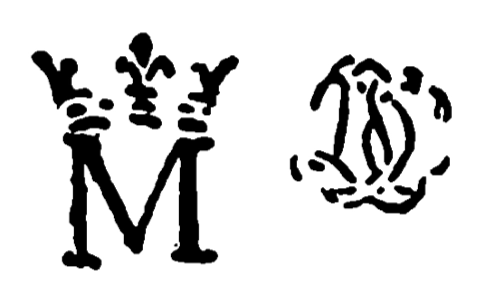 Marchio ceramica manifattura Clignancourt (M con monogramma LSX per Louis-Stanislas-Xavier, futuro Luigi XVIII), artista anonimo, Clignancourt, XVIII