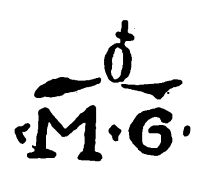 Marchio ceramica manifattura Gubbio (attribuita a Maestro Giorgio, sormontata da globo con croce), Maestro Giorgio Andreoli (maestro lustro Gubbio; ipotesi Mater Gloriosa non confermata), Gubbio, XVI